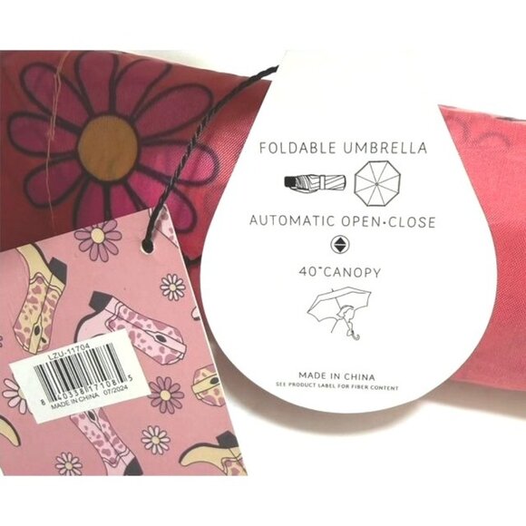 Rainy Skies Womens Pink Floral and Western Printed Foldable Compact Umbrella New - Picture 6 of 8